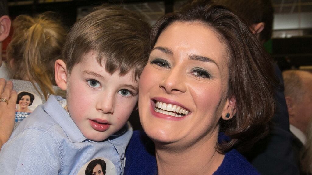 Kate O Connell Fine Gael with son Pierce O’Connell (5) at the count centre in the RDS