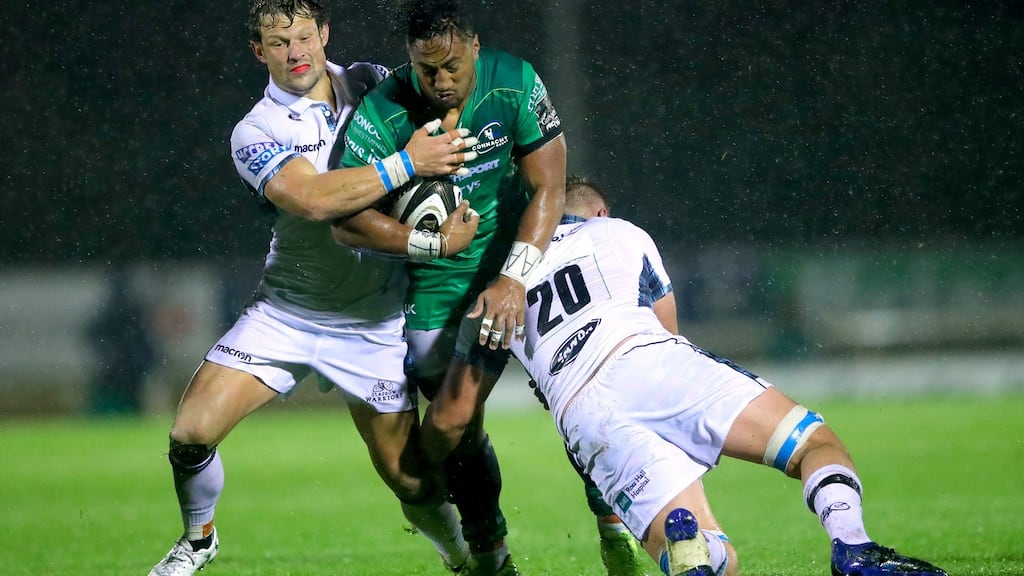 Glasgow Warriors’s Peter Horne and Matt Fagerson tackle Connacht’s Bundee Aki at the Sportsground. Photograph: James Crombie/Inpho