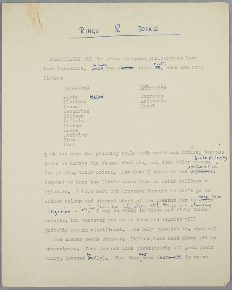 ‘Practically all the great European philosophers have been bachelors’: Mary Midgley’s never-to-be-broadcast radio script. Photograph: Durham University  Archives/David Midgley