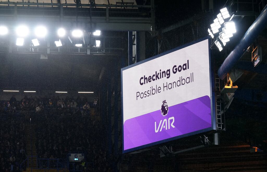 The big screen displays a VAR check before Manchester City's third goal is awarded during the Premier League match against Chelsea at Stamford Bridge in November 2023. Photograph: John Walton/PA Wire