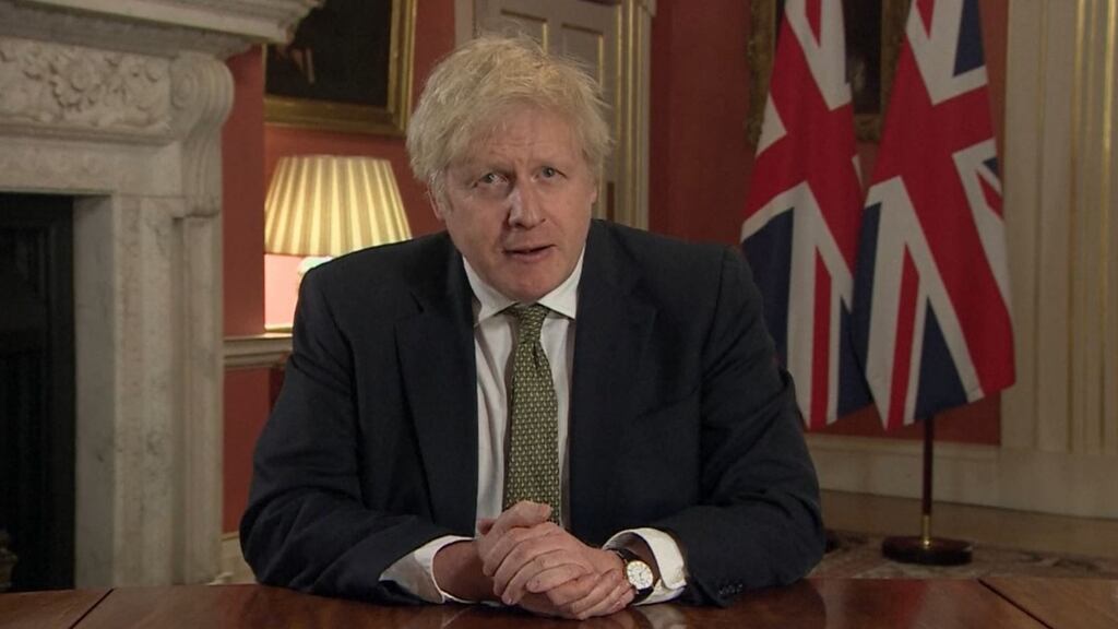 UK prime Minister Boris Johnson making a televised address to the nation from 10 Downing Street, London, setting out new emergency measures to control the spread of coronavirus in England. Photograph: PA Video/PA Wire