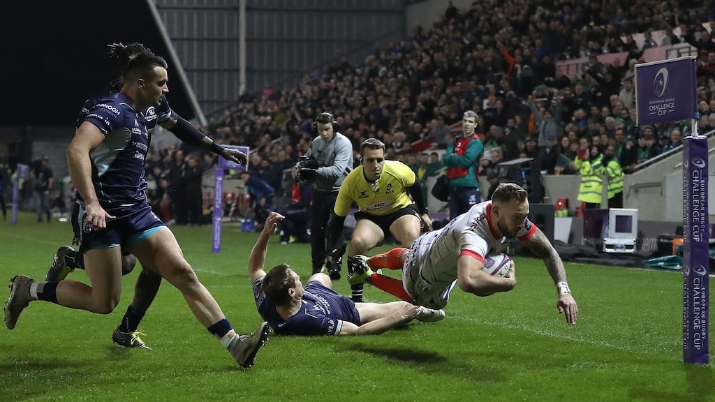 Sale Sharks’ Byron McGuigan goes over for a try against Connacht during the European Challenge Cup quarter-final match at the AJ Bell Stadium in Salford. Photograph:  Martin Rickett/PA Wire