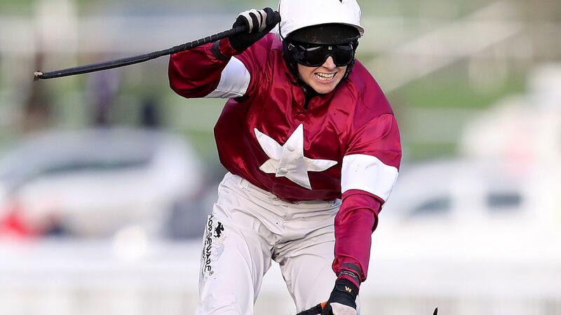 Lisa O’Neill celebrating her victory on Tiger Roll in the JT McNamara National Hunt amateur riders steeplechase at Cheltenham in 2017. Photograph: Dan Sheridan/Inpho