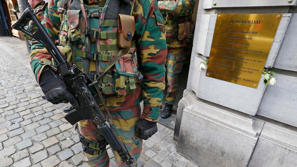 A Belgian soldier guards the entrance of the Jewish Museum in central Brussels in 2015: The country has one of the highest per capita rates of participation in militant groups such as Islamic State in Syria and Iraq. Photograph: Yves Herman/Reuters