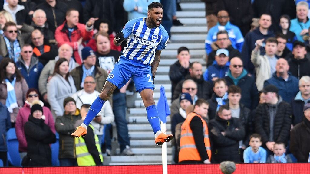 Brighton’s Jurgen Locadia celebrates after scoring the opening goal of the FA Cup fifth round clash with Coventry City. Photo: Glyn Kirk/Getty Images