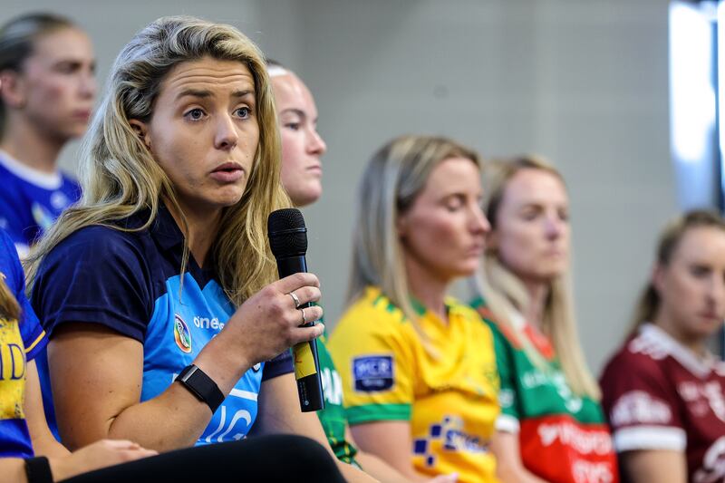 Dublin’s Aisling Maher speaks at the press conference where female intercounty players announced they would only play the rest of this championship 'under protest' at the disparity of resources allocated to the men's and women's games. Photograph: Ben Brady/Inpho