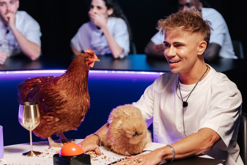 Inside: in the first episode, contestants must answer questions while chickens peck their arms. Photograph: Charlie Woodward/Netflix