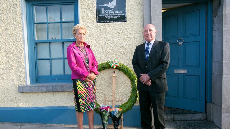 Anne McCabe and Det Garda Ben O’Sullivan pictured outside the Garda Station in Adare Co Limerick at the 20th anniversary of the Death of Det Jerry McCabe.Det Garda McCabe was shot dead as an IRA gang carried out a post office raid in the village of Adare, Co Limerick, on June 7th, 1996. Photograph: Brian Gavin/Press 22