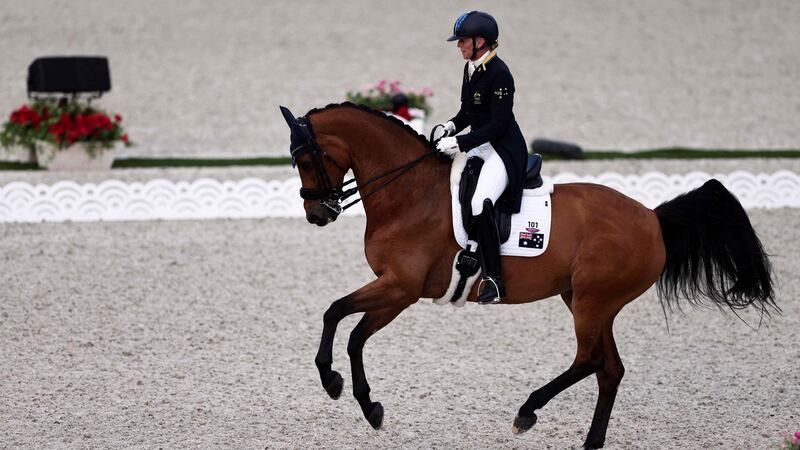 Australia’s Mary Hanna, aged 66 rides Calanta in the dressage at the Tokyo Olympics. Photograph: Behrouz Mehri/Getty/AFP