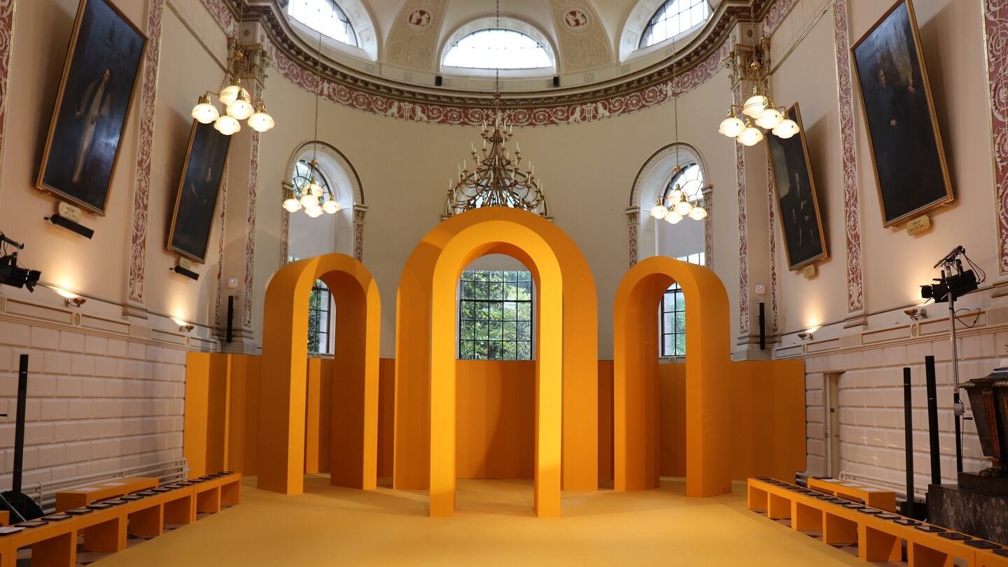 Think Design’s set-up for a Brown Thomas fashion show in TCD’s Exam Hall