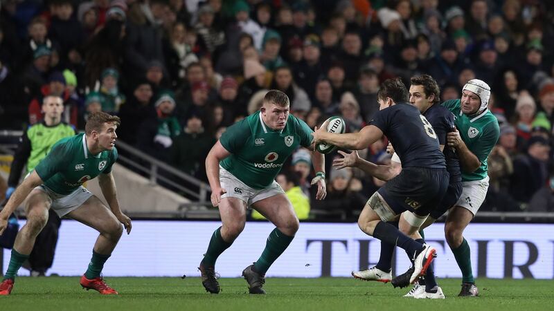 Ireland’s Chris Farrell and Tadhg Furlong in action against Argentina. Photograph: Photograph: Billy Stickland