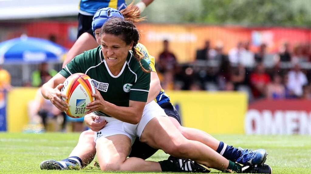Tania Rosser scores a fine individual try for Ireland against Kazakhstan. Photograph: Dan Sheridan/Inpho