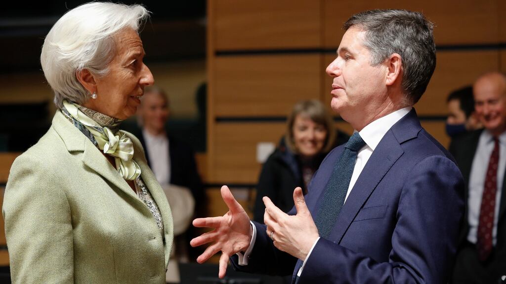European Central Bank president Christine Lagarde talks to Minister for Finance and Eurogroup president  Paschal Donohoe at the start of a meeting of finance ministers in Luxembourg on Monday. Photograph: Julien Warnand/EPA