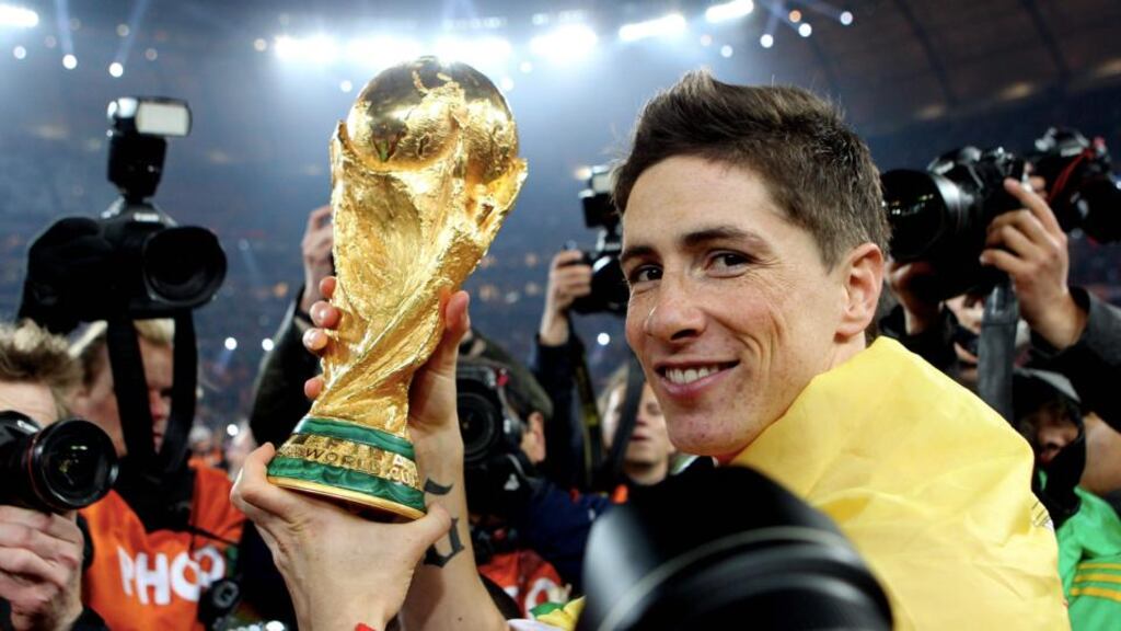 Spain’s Fernando Torres celebrates with the trophy after winning the 2010 World Cup final. The tournament was one topic students were able to work with. Photograph: Inpho
