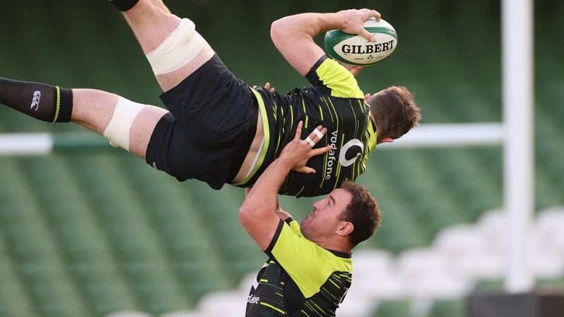 Peter O’Mahony and Rob Herring during the captain’s run at the Aviva Stadium on Friday. Photograph: Billy Stickland/Inpho