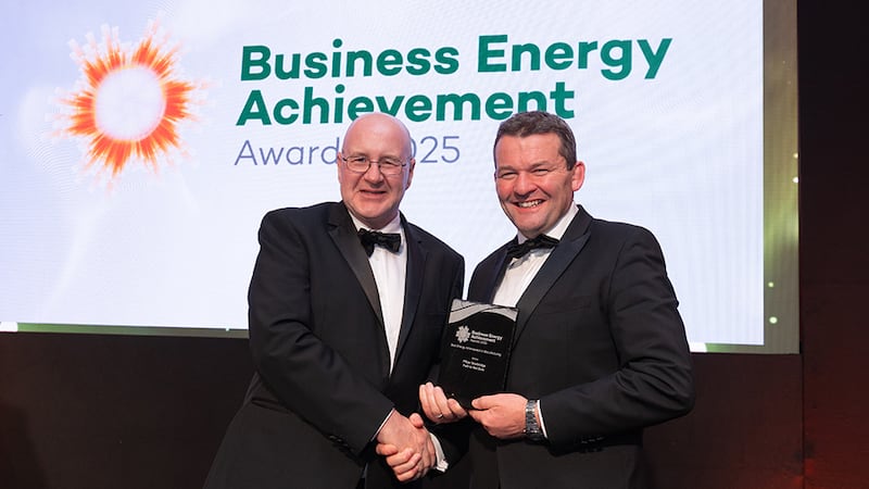 Michael Conlon, awards judge, presents the best energy achievement in manufacturing to Michael Hannigan, Pfizer Newbridge