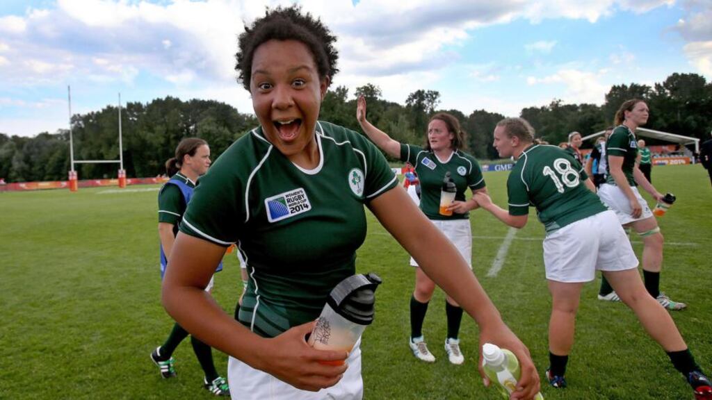 Ireland’s Sophie Spence celebrates after victory over the USA in Marcoussis, Paris. Photograph: Dan Sheridan / Inpho