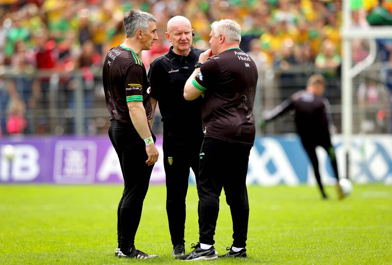 Stephen Rochford (right) in 2022 during his time on Donegal manager Declan Bonner's (centre) coaching team. Photograph: Ryan Byrne/Inpho