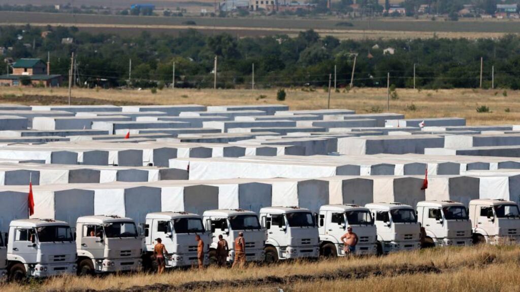 A Russian convoy of trucks carrying humanitarian aid for Ukraine is parked at a camp near Kamensk-Shakhtinsky, Rostov Region, today. Photograph: Reuters