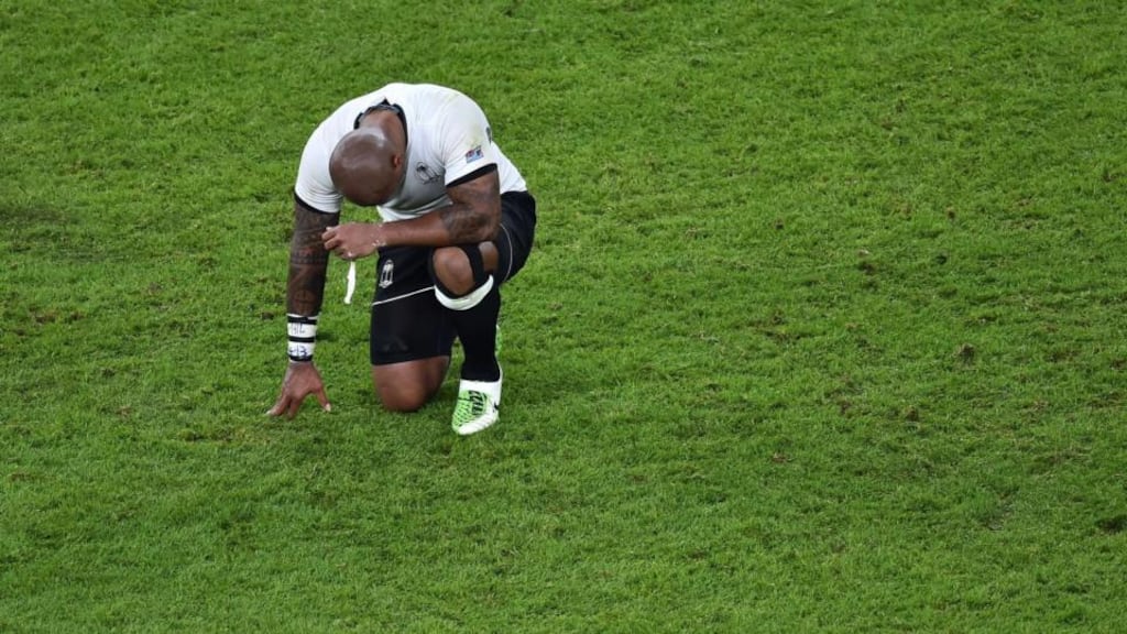 Fiji’s winger Nemani Nadolo reacts after losing theopening match of the Rugby World Cup to England. Photograph: Gabriel Bouys/AFP/Getty Images
