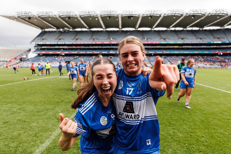 Laois captain Líadan C Fennell celebrates with Lynda Keyes after the final whistle. Photograph: Ben Brady/Inpho