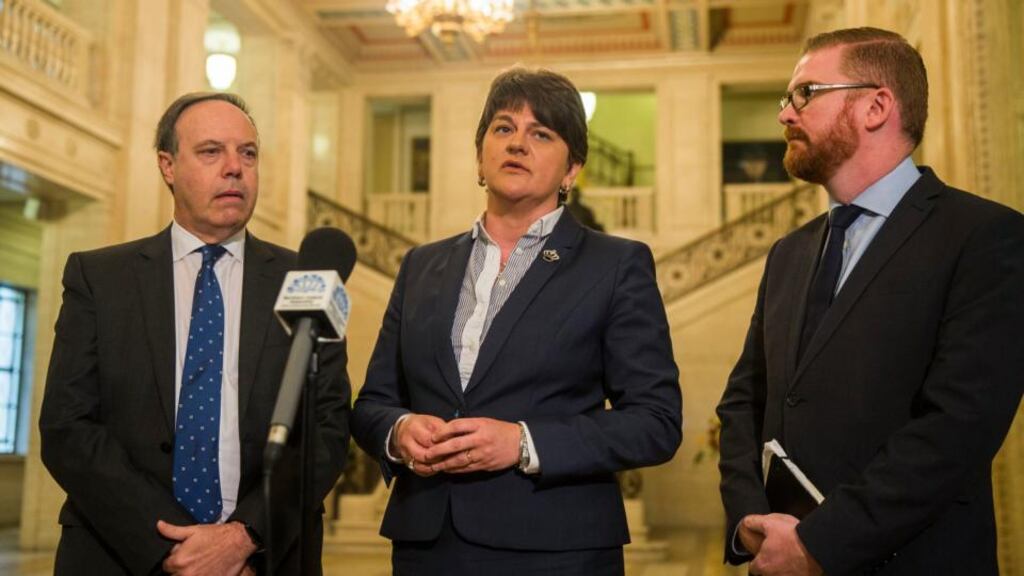 DUP position: Arlene Foster with Nigel Dodds and Simon Hamilton at Stormont this month. Photograph: Liam McBurney/PA Wire