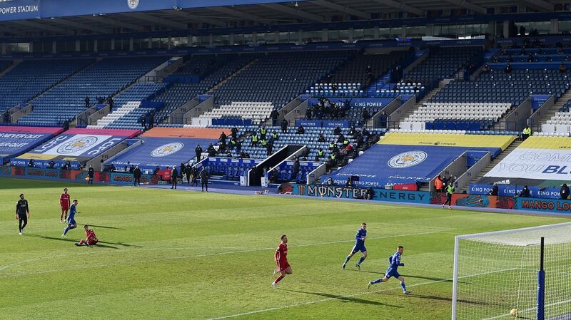 Liverpool goalkeeper Alisson Becker watches Jamie Vardy score after his error against Leicester. Photograph: Paul Ellis/Getty/AFP