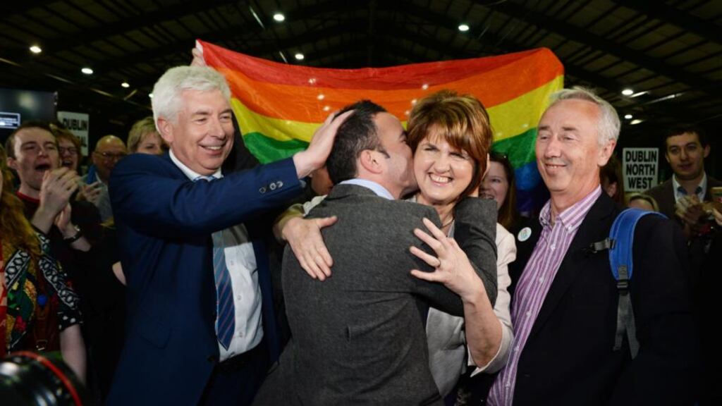 At the referendum count in the RDS, from left: Labour TDs Alex White, John Lyons, Tánaiste Joan Burton and Kevin Humphreys. Photograph: Cyril Byrne / The Irish Times