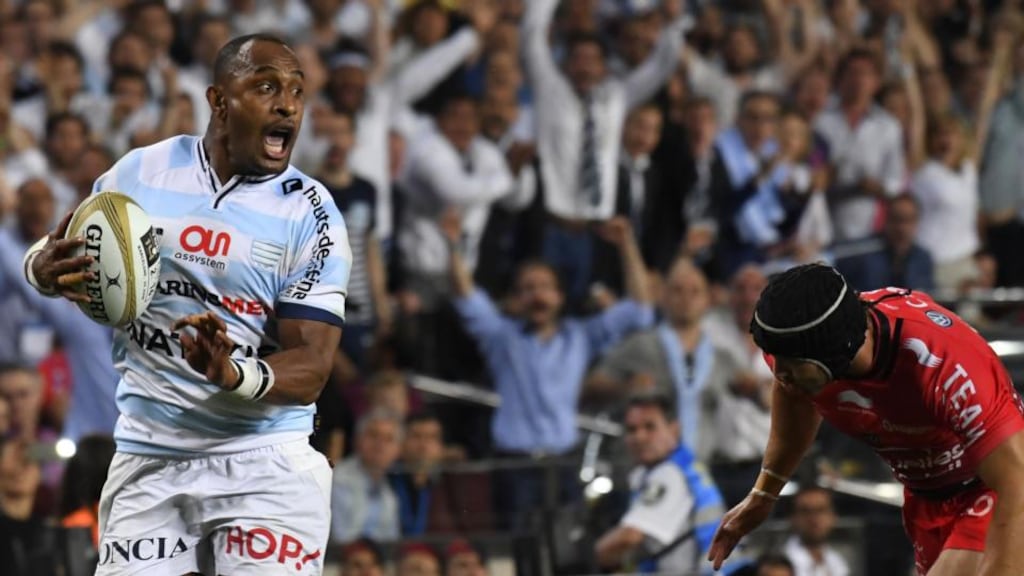 Racing  92’s New Zealander wing Joe Rokocoko  runs in to score a try during the French Top 14  final against Toulon  at the Camp Nou stadium in Barcelona. Photograph: Damien Meyer/AFP/Getty Images