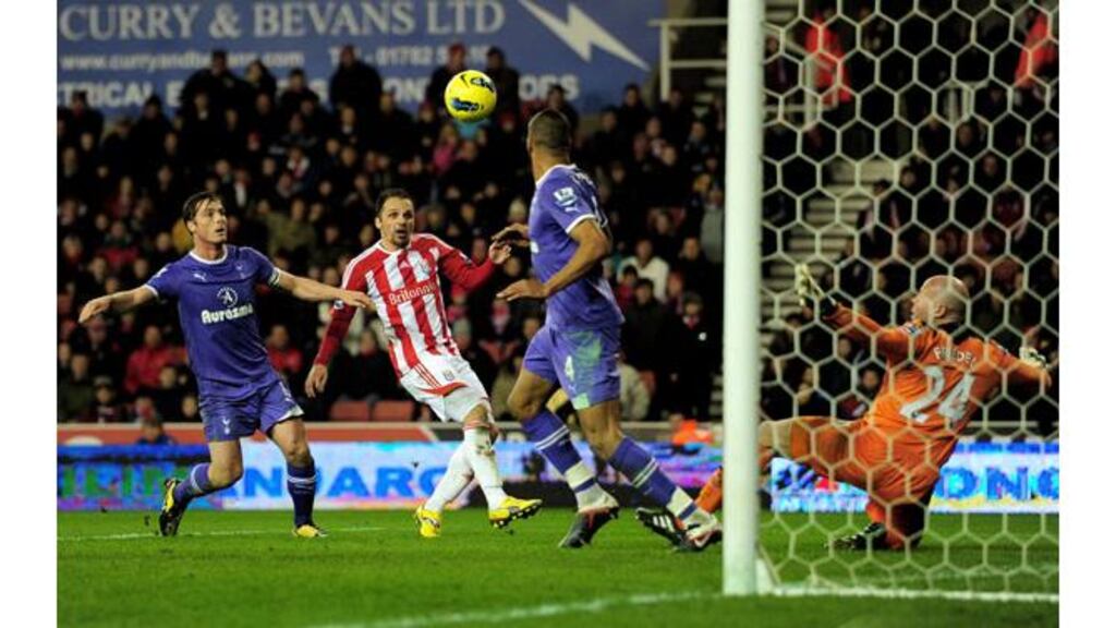 Matthew Etherington of Stoke City scores his and his team's second goal against Tottenham Hotspur at the Britannia Stadium. - (Photograph: Jamie McDonald/Getty Images)