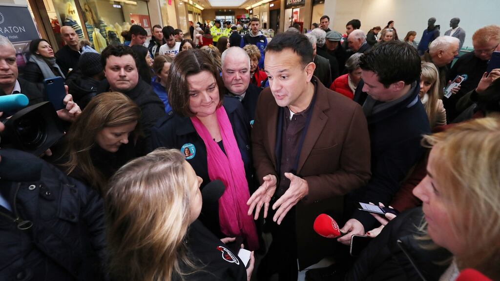 Taoiseach Leo Varadkar and Fine Gael candidate Gabrielle McFadden canvass at Sheraton shopping centre in Athlone, Co Westmeath. Photograph: Niall Carson/PA Wire