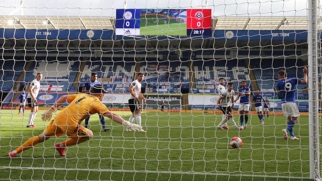 Leicester City’s Ayoze Perez fires home a goal past Sheffield United goalkeeper Dean Henderson during the Premier League game at the King Power Stadium on July 16, 2020 in Leicester, England. Photograph: David Davies/Pool via Getty Images