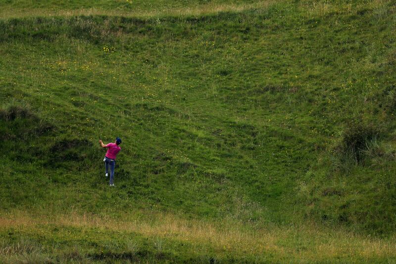 Keith Mitchell on the 16th hole during a practice round before the 2019 Open at Royal Portrush. Photograph: Mike Ehrmann/Getty