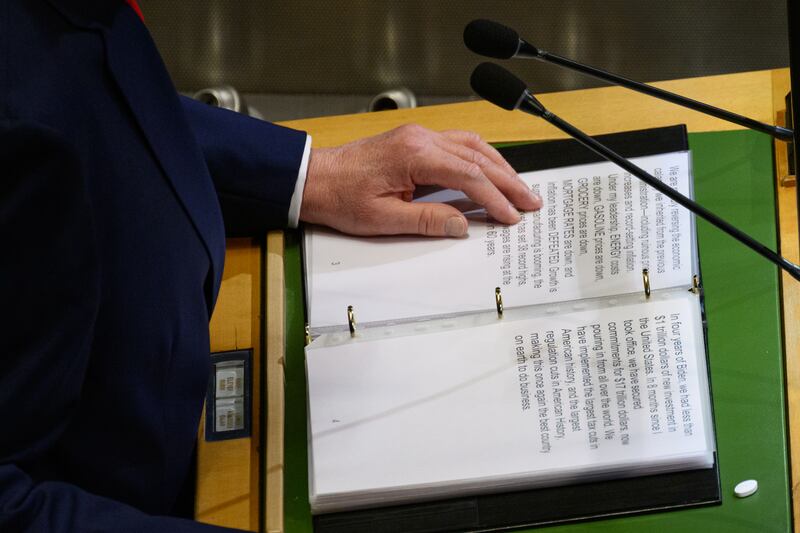 Details of US president Donald Trump's UN speech. Photograph: Alexi J Rosenfeld/Getty Images