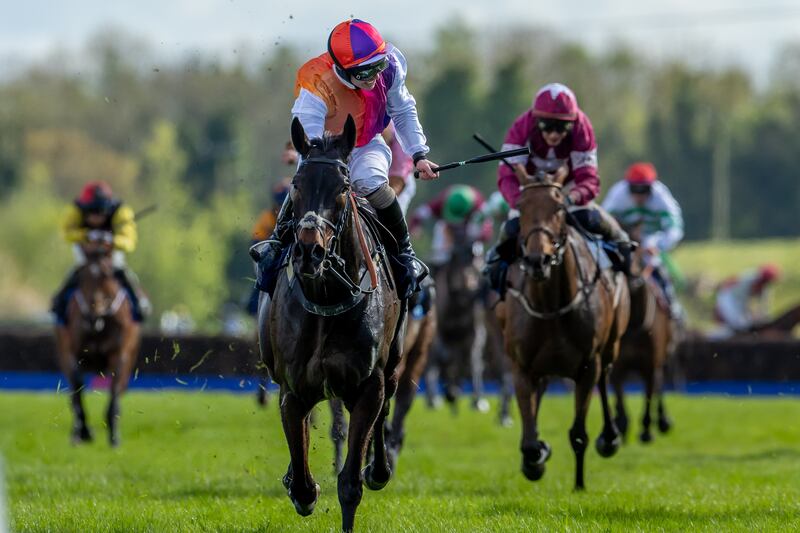 Jockey Sean Bowen celebrates Haiti Couleurs win in the BoyleSports Irish Grand National at Fairyhouse. Photograph: Morgan Treacy/Inpho