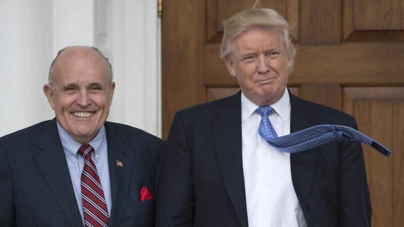 Then president-elect Donald Trump with Rudy Giuliani at the clubhouse of the Trump National Golf Club n Bedminster, New Jersey on November 20th, 2016. Photograph: Don Emmert/AFP/Getty Images