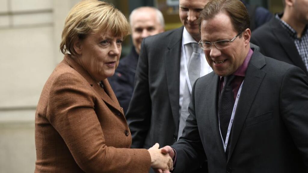 German chancellor Angela Merkel (left) arrives for a meeting of the conservative European People’s Party (EPP), on Wednesday, prior to attending an European Union (EU) emergency summit on the migration crisis. Photograph: Getty