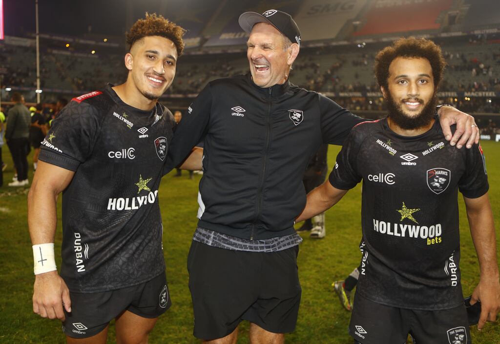 The Sharks' Jordan Hendrikse, head coach John Plumtree, and Jaden Hendrikse after defeating Munster in the URC quarter-final on Saturday. Photograph: Steve Hagg/Steve Haag Sports/Inpho