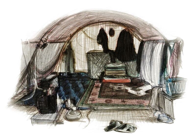 Marwan’s two brothers are in Turkey, while he lives alone in a single tent in a displaced person’s camp. His father has disappeared. Illustration: Marc Corrigan