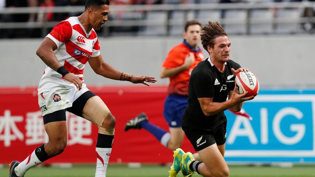 George Bridge goes over for a try on his New Zealand Test debut against Japan at the Ajinomoto stadium in Tokyo. Photograph: Kimimasa Mayama/EPA