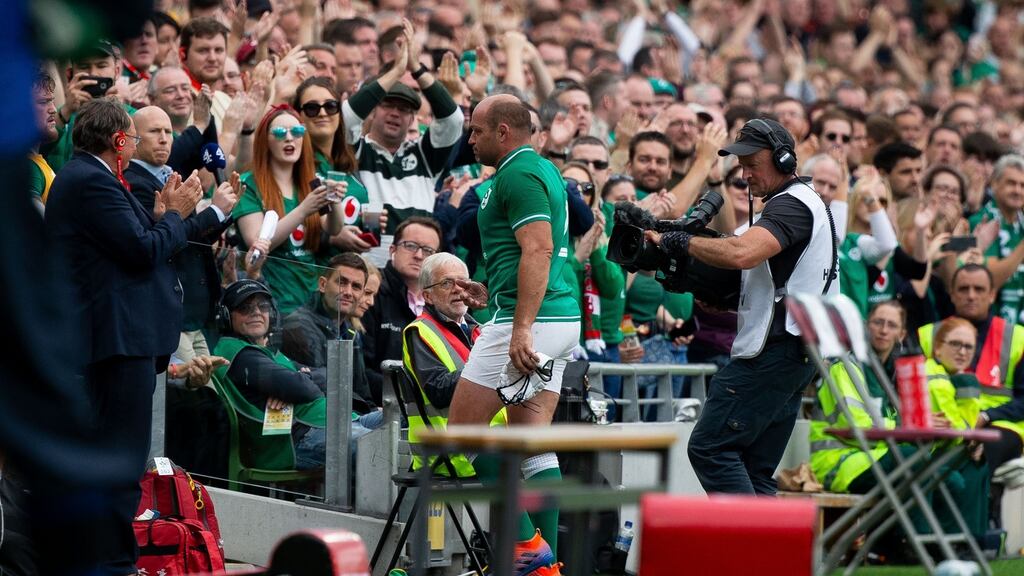 Ireland captain Rory Best receives a standing ovation as he leaves the field. Photograph: Tom Honan