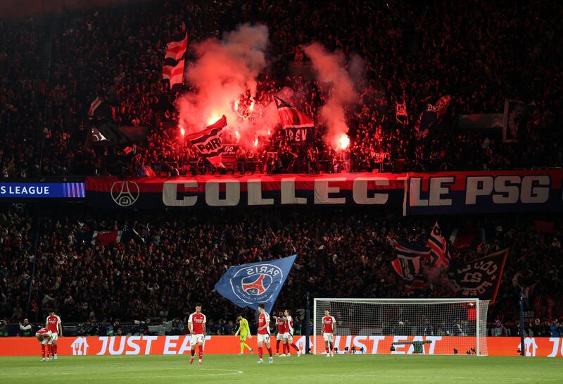PSG fans set off flares after Achraf Hakimi's goal. Photograph: Richard Heathcote/Getty Images
