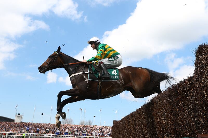 Aidan Coleman on his way to victory riding Jonbon in the EFT Systems Maghull Novices' Chase on Grand National day at Aintree, Liverpool, in April 2023. Photograph: Michael Steele/Getty Images