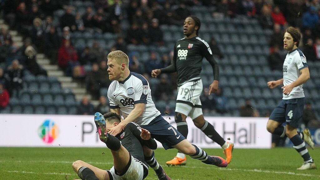 Preston North End’s Daryl Horgan scores his side’s fourth goal during the Sky Bet Championship match between Preston North End and Brentford at Deepdale. Photo: Stephen White/Getty Images