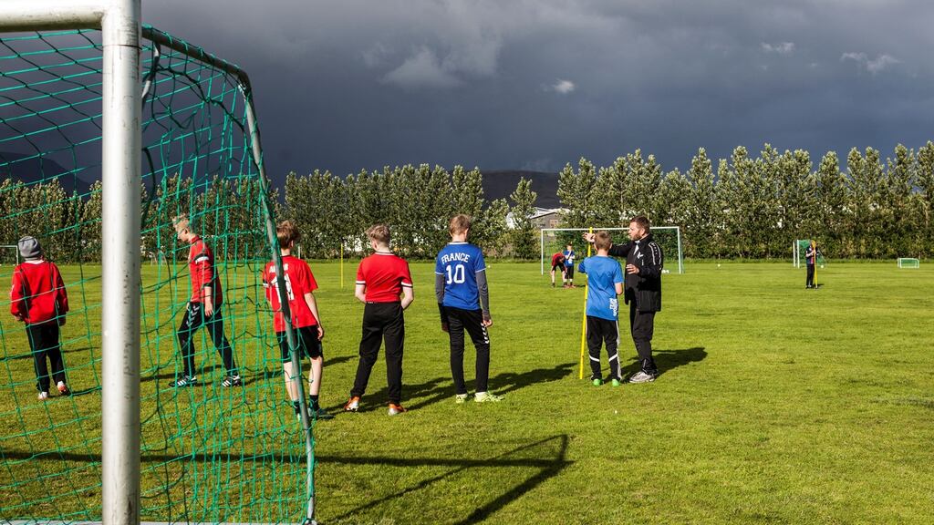 Young teenage boys train at the the football club Afturelding in Mosfellsbaer, outside of Reykjavik, where national Iceland’s football player Hannes Haldorsson trained as a teenager. Photograph: Karl Petersson/AFP