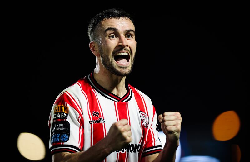 Michael Duffy celebrates following Derry City's 2-1 Premier Division victory against Waterford at the RSC on Friday night. Photograph: Tom Maher/Inpho