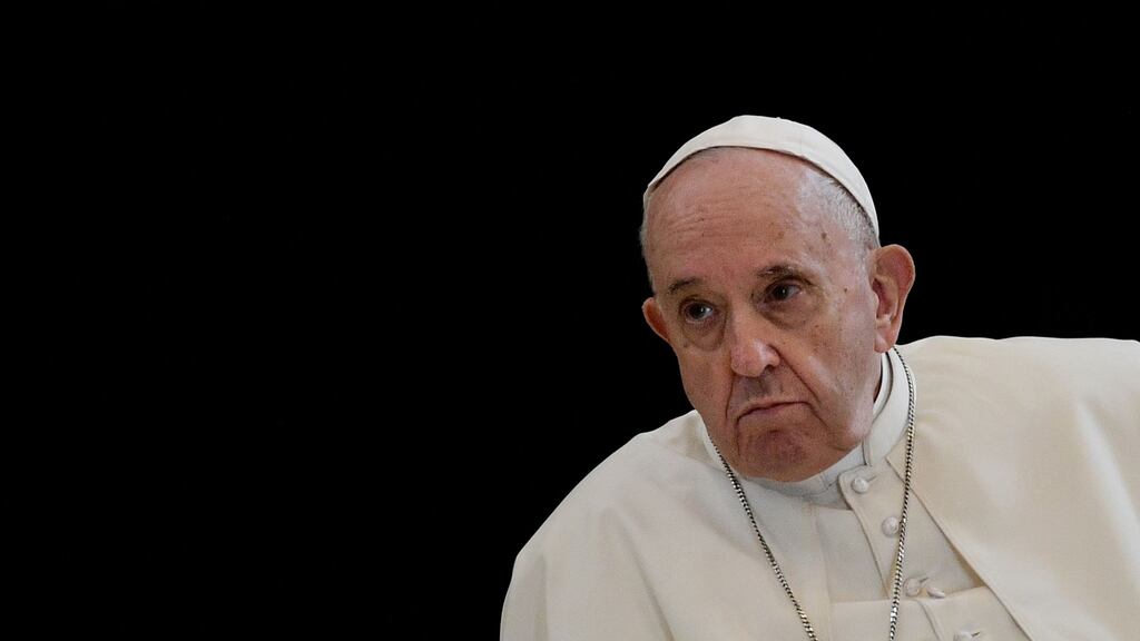 Pope Francis pictured at the Basilica di Santa Maria degli Angeli, near Assisi, on November 12, 2021. Photo by Filippo Monteforte / AFP
