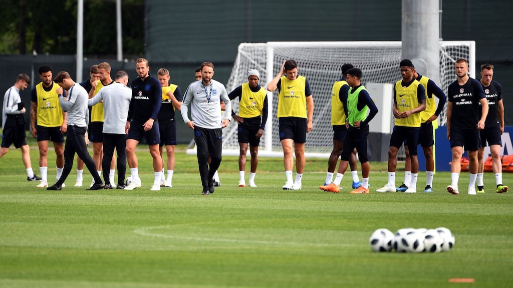 Gareth Southgate leads an England training session ahead of Sunday’s clash with Panama. Photograph: Paul Ellis/Getty