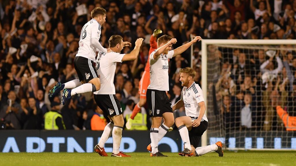 Oliver Norwood  and Ryan Sessegnon of Fulham celebrate with team mates at the final whistle of their  Championship playoff semi-final, second leg match against Derby County at Craven Cottage on Monday evening. Photograph by Mike Hewitt/Getty Images