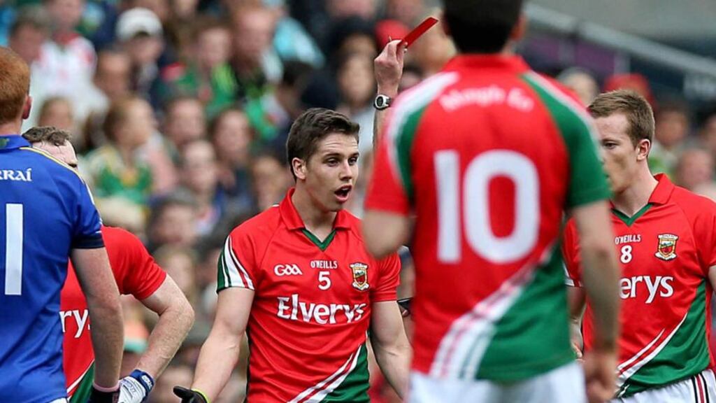 Lee Keegan of Mayo is shown a red card by referee David Goldrick during the All-Ireland SFC semi-final against Kerry last Sunday. Photograph: Donall Farmer/Inpho.